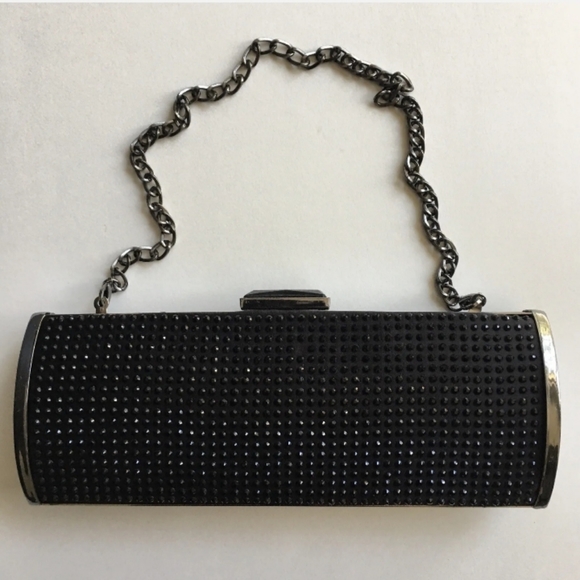 Express Clutch Purse Party Studded Embellished Black Silver Chain Strap Evening - Picture 2 of 9